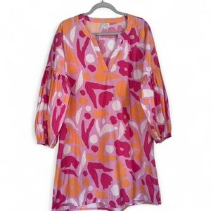 Mudpie Pink Orange Floral Balloon Sleeve V Neck 100% Cotton Women's Dress Size L